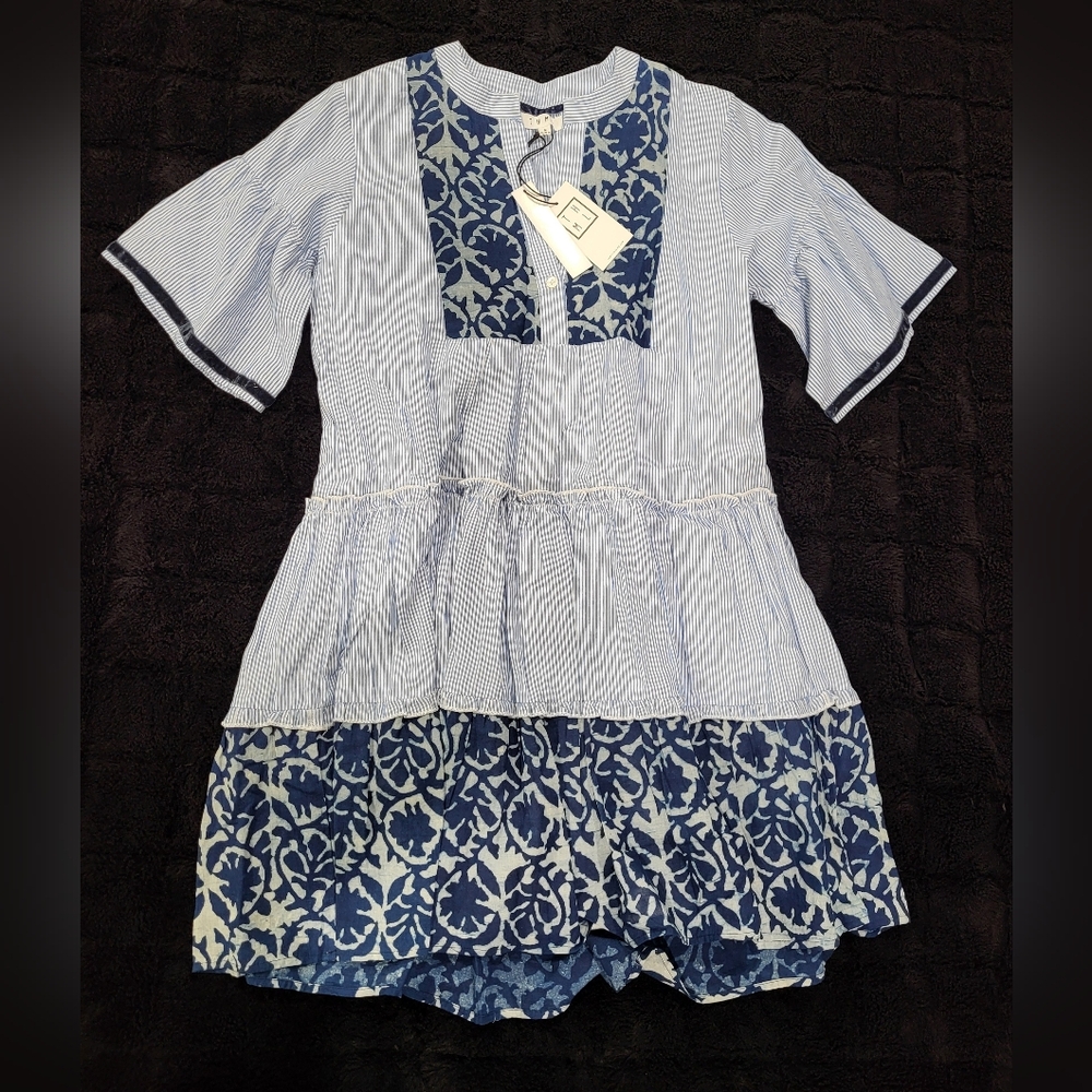 THML Millie Blue and White Striped Summer Dress with Floral Pattern